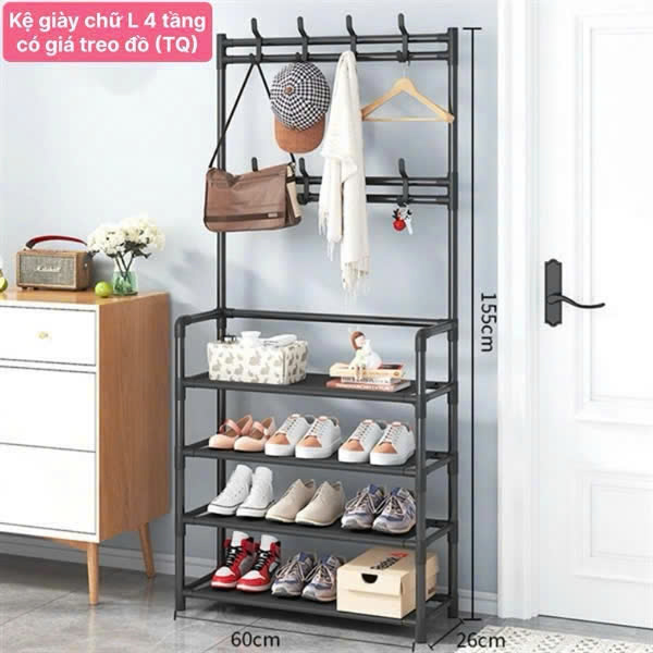 Kệ Giày Chứ L 4 Tầng Có Giá Treo Đồ (Thùng 20)