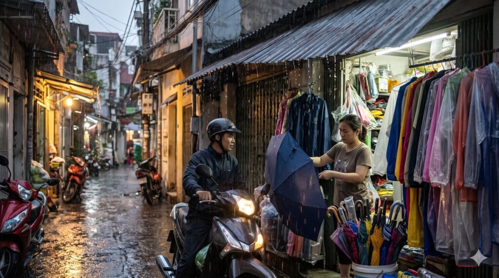 Chủ shop tư vấn bán ô dù áo mưa cho khách mùa mưa trước tiệm gia dụng