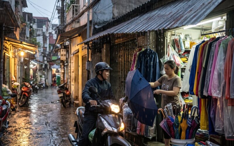 Chủ shop tư vấn bán ô dù áo mưa cho khách mùa mưa trước tiệm gia dụng