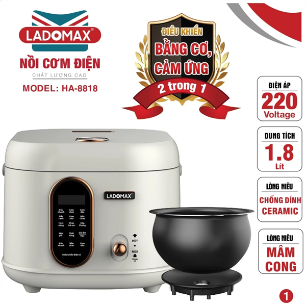Nồi Cơm Điện 1.8L Ladomax HA-8818 (LÒNG INOX)