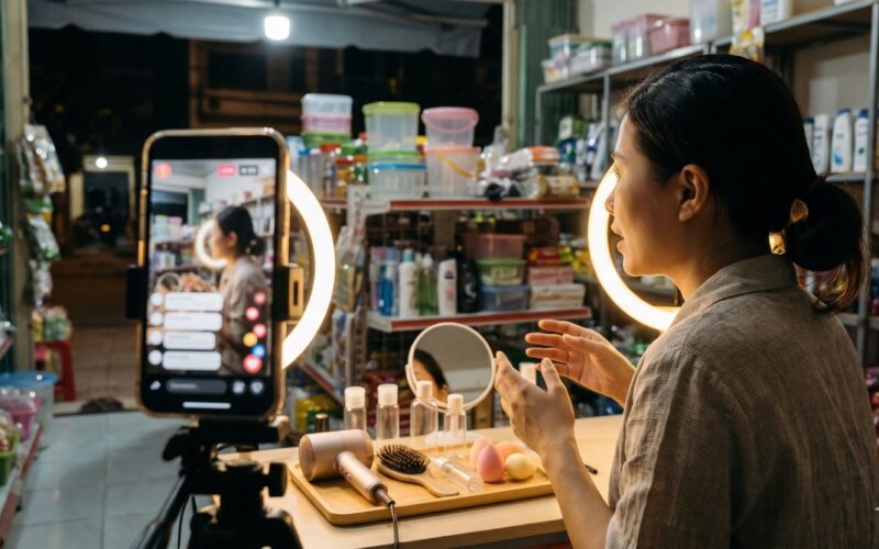 Chủ shop livestream bán phụ kiện làm đẹp tại cửa hàng gia dụng