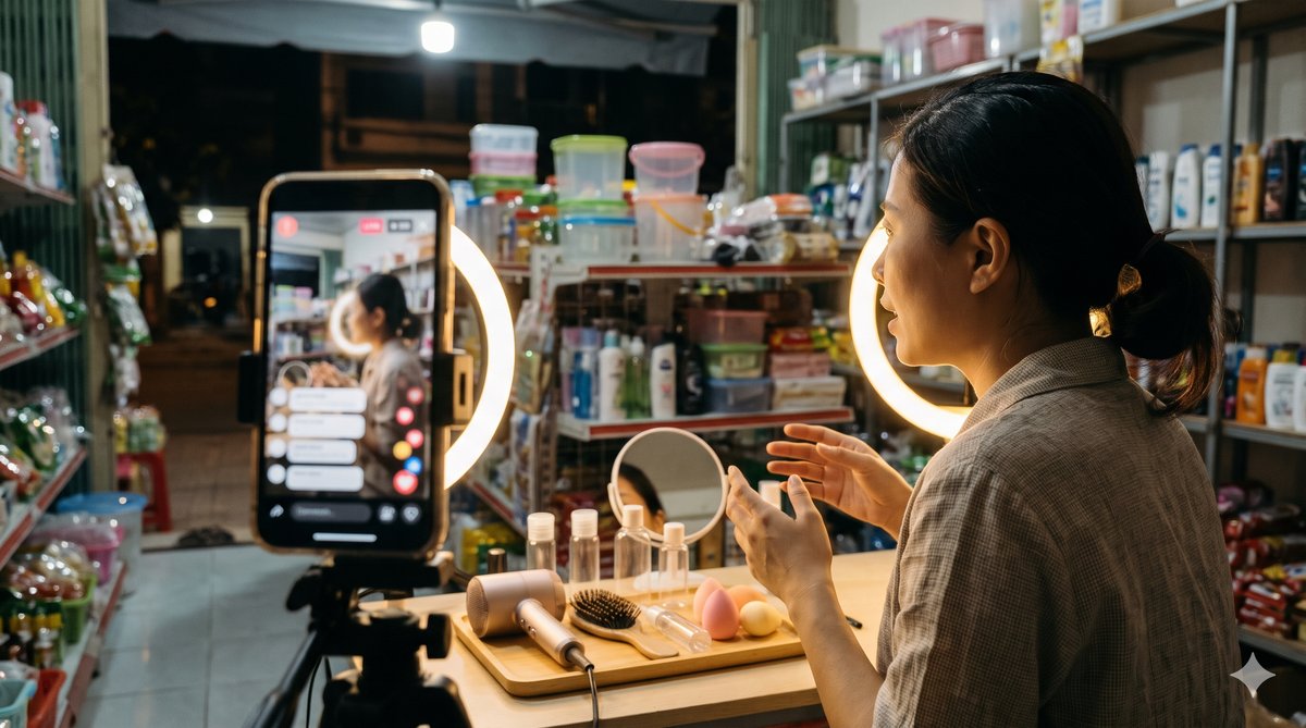 Chủ shop livestream bán phụ kiện làm đẹp tại cửa hàng gia dụng