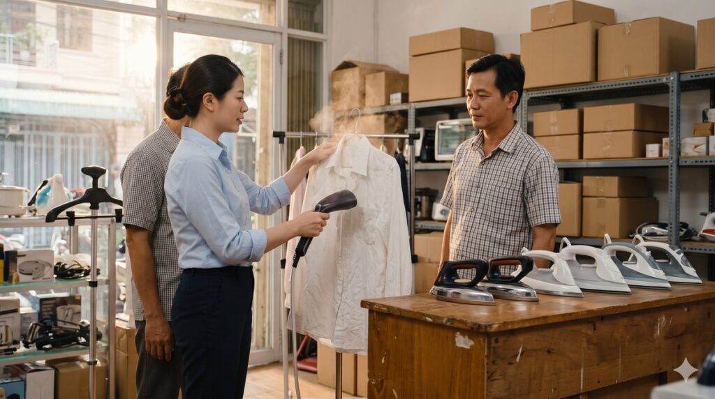 Nhập bàn ủi sỉ: chủ shop gia dụng làm mẫu bàn ủi hơi nước cầm tay cho khách