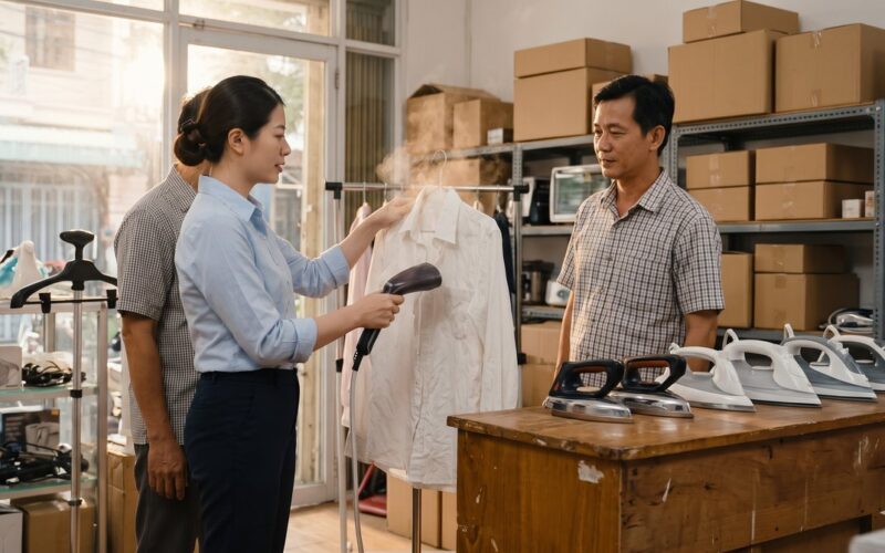 Nhập bàn ủi sỉ: chủ shop gia dụng làm mẫu bàn ủi hơi nước cầm tay cho khách
