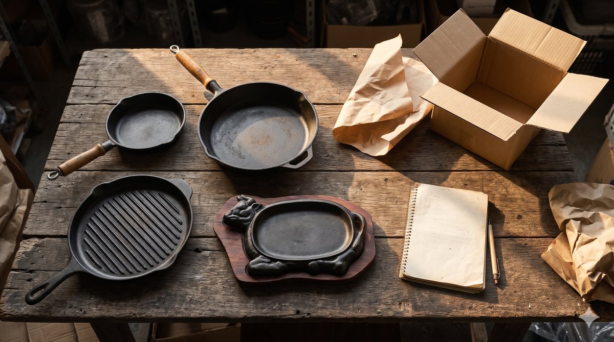 Nhập chảo gang sỉ cho shop gia dụng: 4 loại chảo gang bày trên bàn gỗ trong kho