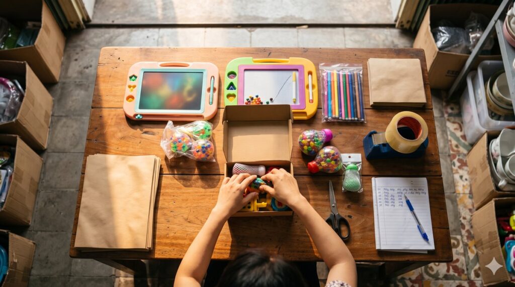 Nhập đồ chơi trẻ em sỉ: chủ shop đóng gói bảng vẽ, bút màu, đồ chơi bóp cho đơn Noel