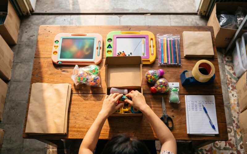 Nhập đồ chơi trẻ em sỉ: chủ shop đóng gói bảng vẽ, bút màu, đồ chơi bóp cho đơn Noel