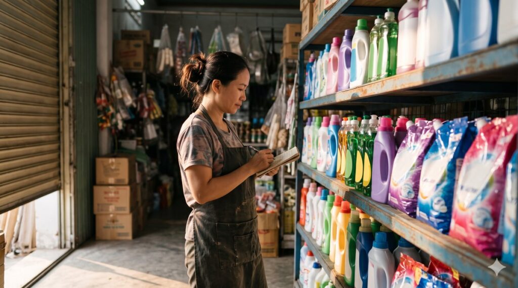 Chủ tạp hoá kiểm hàng trên kệ tẩy rửa, giặt xả khi nhập hàng sỉ