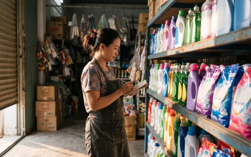 Chủ tạp hoá kiểm hàng trên kệ tẩy rửa, giặt xả khi nhập hàng sỉ