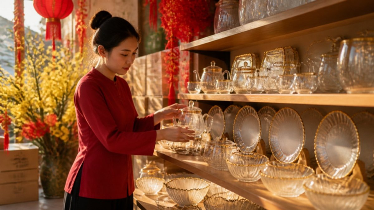 Nhập hàng Tết 2027 cho shop gia dụng: chủ shop sắp xếp ấm trà, ly và đĩa thuỷ tinh lên kệ