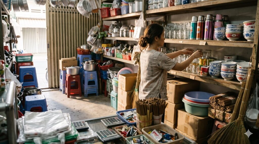 Chủ shop trưng bày shop gia dụng, xếp ly, bình giữ nhiệt và chén dĩa lên kệ