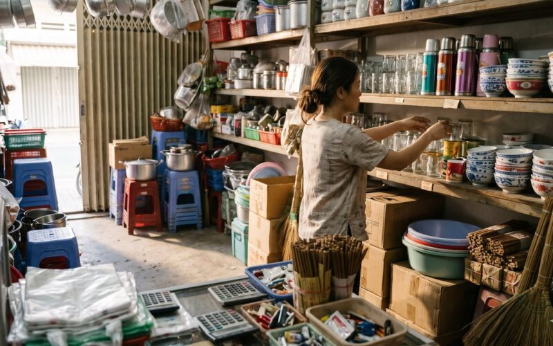 Chủ shop trưng bày shop gia dụng, xếp ly, bình giữ nhiệt và chén dĩa lên kệ