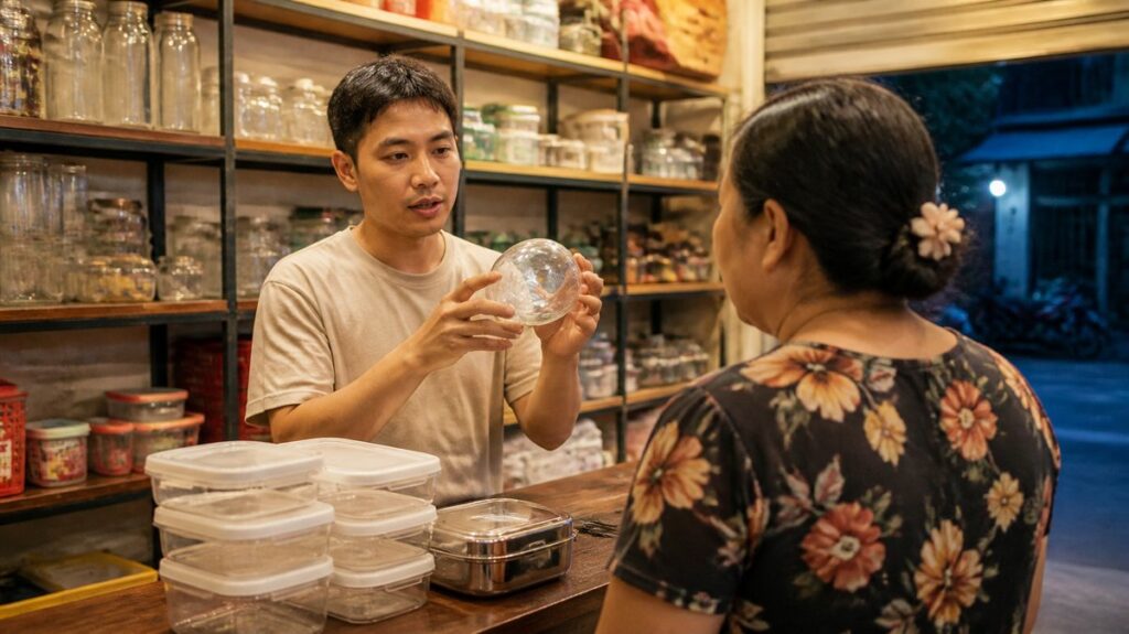 Tư vấn bán hộp đựng thực phẩm: chủ shop gia dụng giới thiệu hũ thủy tinh và hộp nhựa cho khách