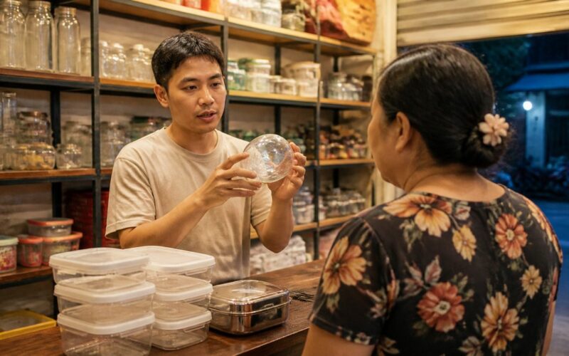 Tư vấn bán hộp đựng thực phẩm: chủ shop gia dụng giới thiệu hũ thủy tinh và hộp nhựa cho khách