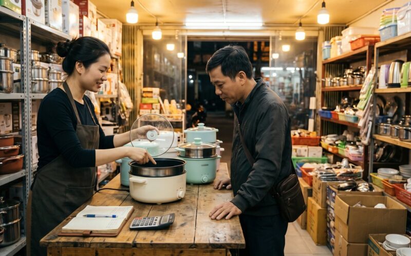 Chủ shop tư vấn bán nồi lẩu điện cho khách tại cửa hàng gia dụng