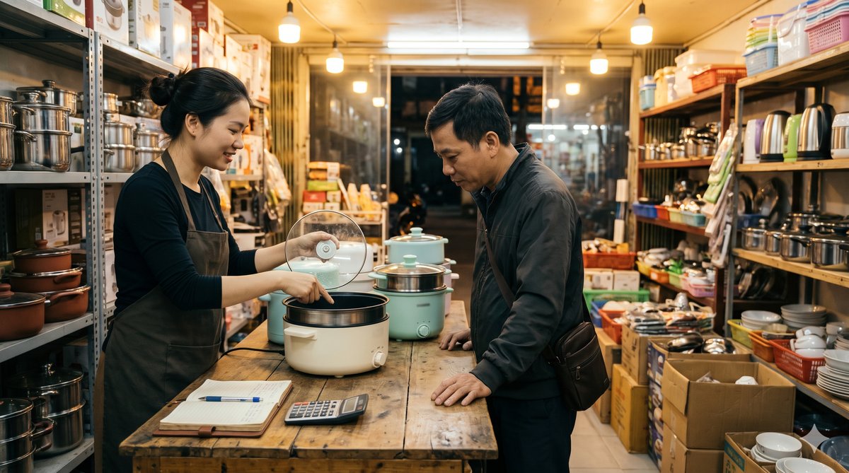 Chủ shop tư vấn bán nồi lẩu điện cho khách tại cửa hàng gia dụng